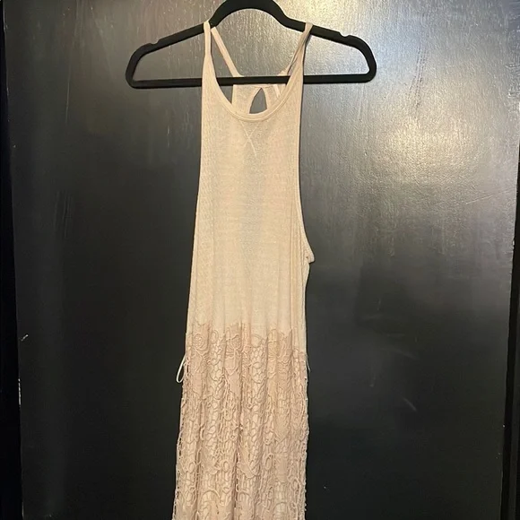 Free People Creamy Peach Midi Dress with Delicate Lace Hem